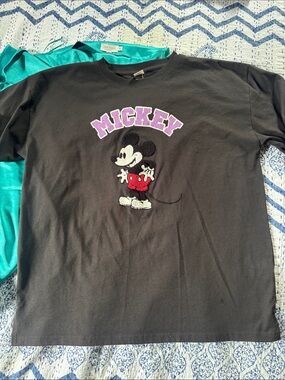 Disney Black Tee with Purple 'Mickey' Arch and Red Embroidered Mickey